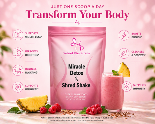 Waisted Miracle Detox & Shred Shake is a 30-serving daily superfood blend designed to help reduce bloating, support digestion, and kickstart your metabolism—so you can feel lighter, flatter, and more in control of your body.